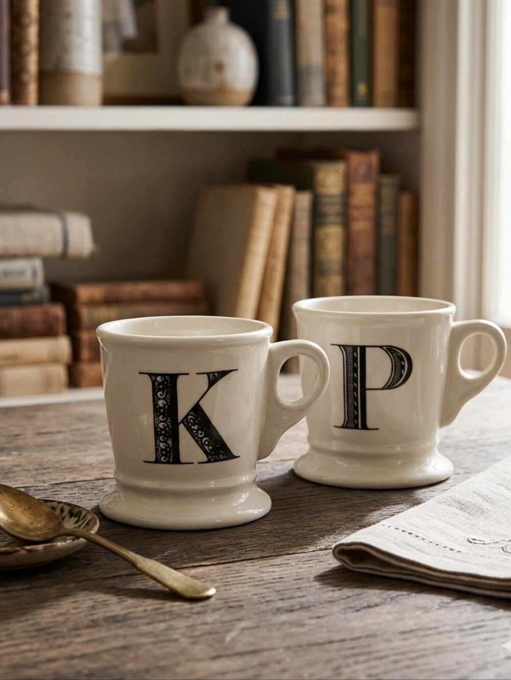 Anthropologie Monogram White Mugs With Letters K and P